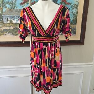 Maggy London V-Neck Mini Dress in Pink, Orange & Black